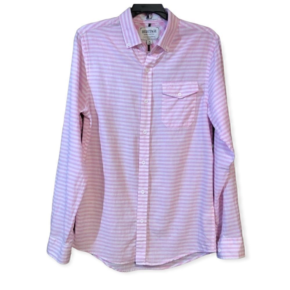 Heritage Sz M Pink White Classic Stripe Slim Fit Button Down Shirt